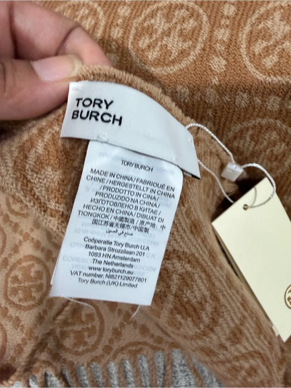 Tory Burch Two-Tone Camel Logo Fringe Scarf